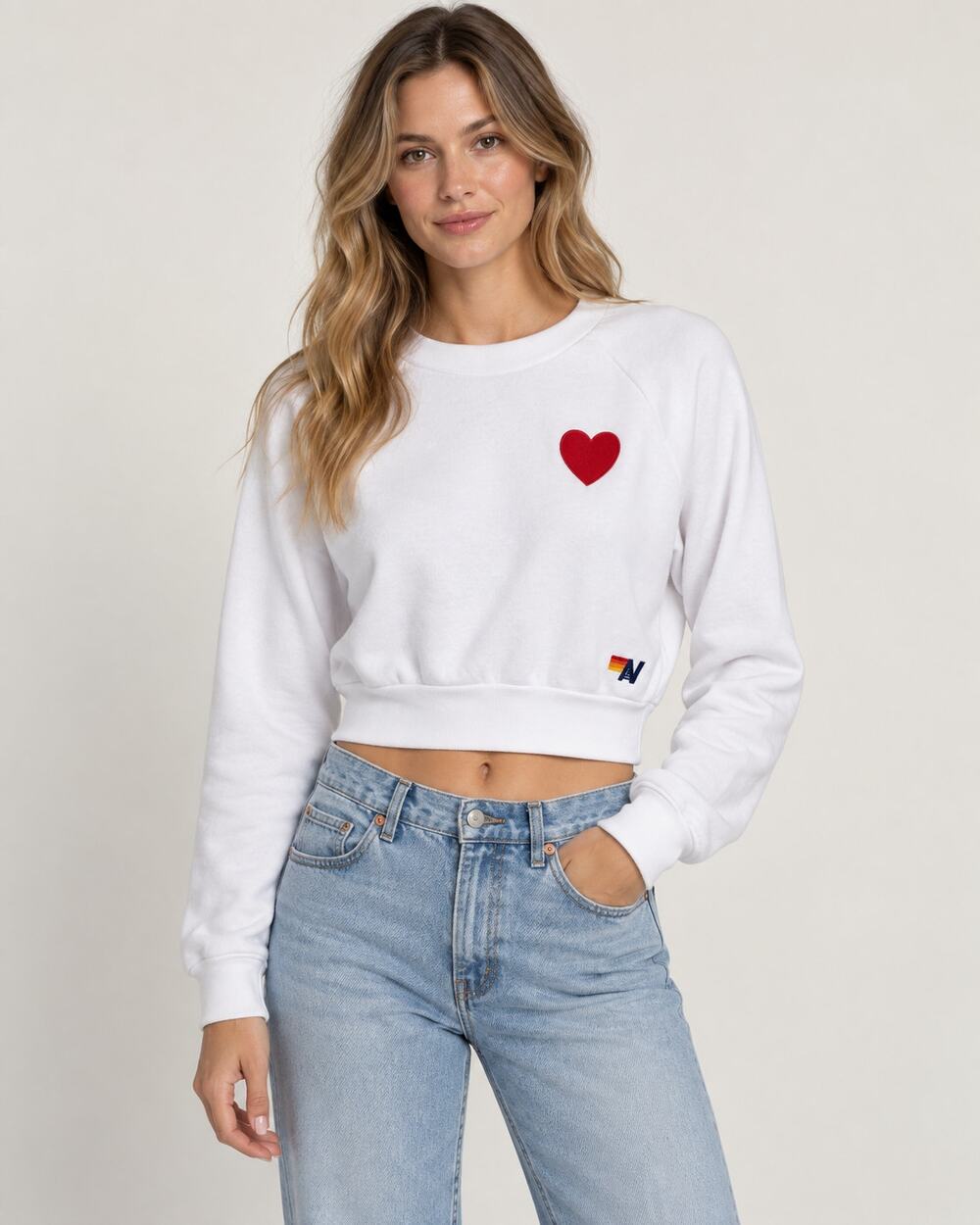 Aviator Nation Heart Sweatshirt Women M White Red Cropped Crewneck Made USA